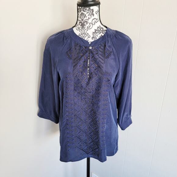 Theory Embroidered Silk Half Sleeve Blouse - Picture 1 of 5